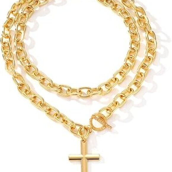 Chunky Gold Cross Necklace for Women Layered Necklace Retro Big - Picture 4 of 5
